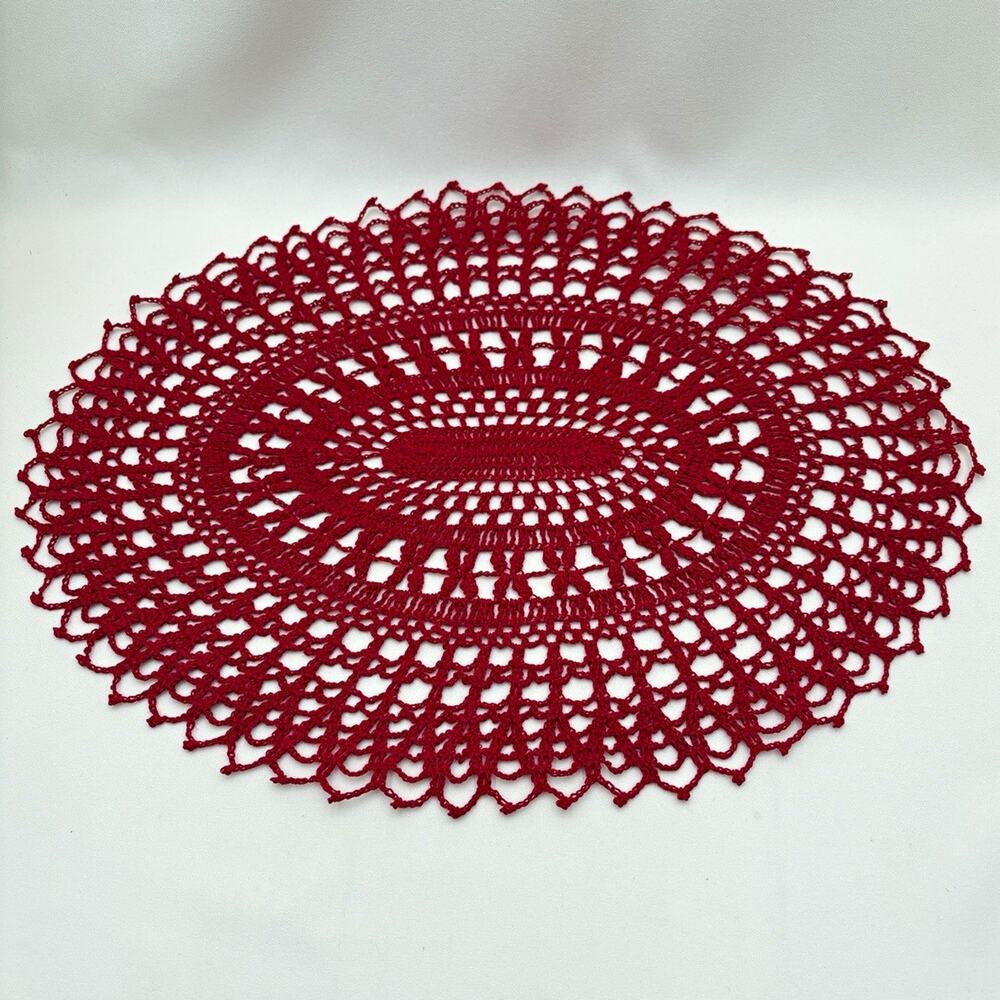 Vintage Handmade Red Oval Crocheted Lace Doily Decorative Needlework - 16" X 12"